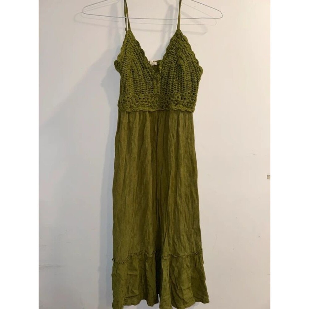 Women’s Green Long Crochet Top Sleeveless Dress-Size Medium